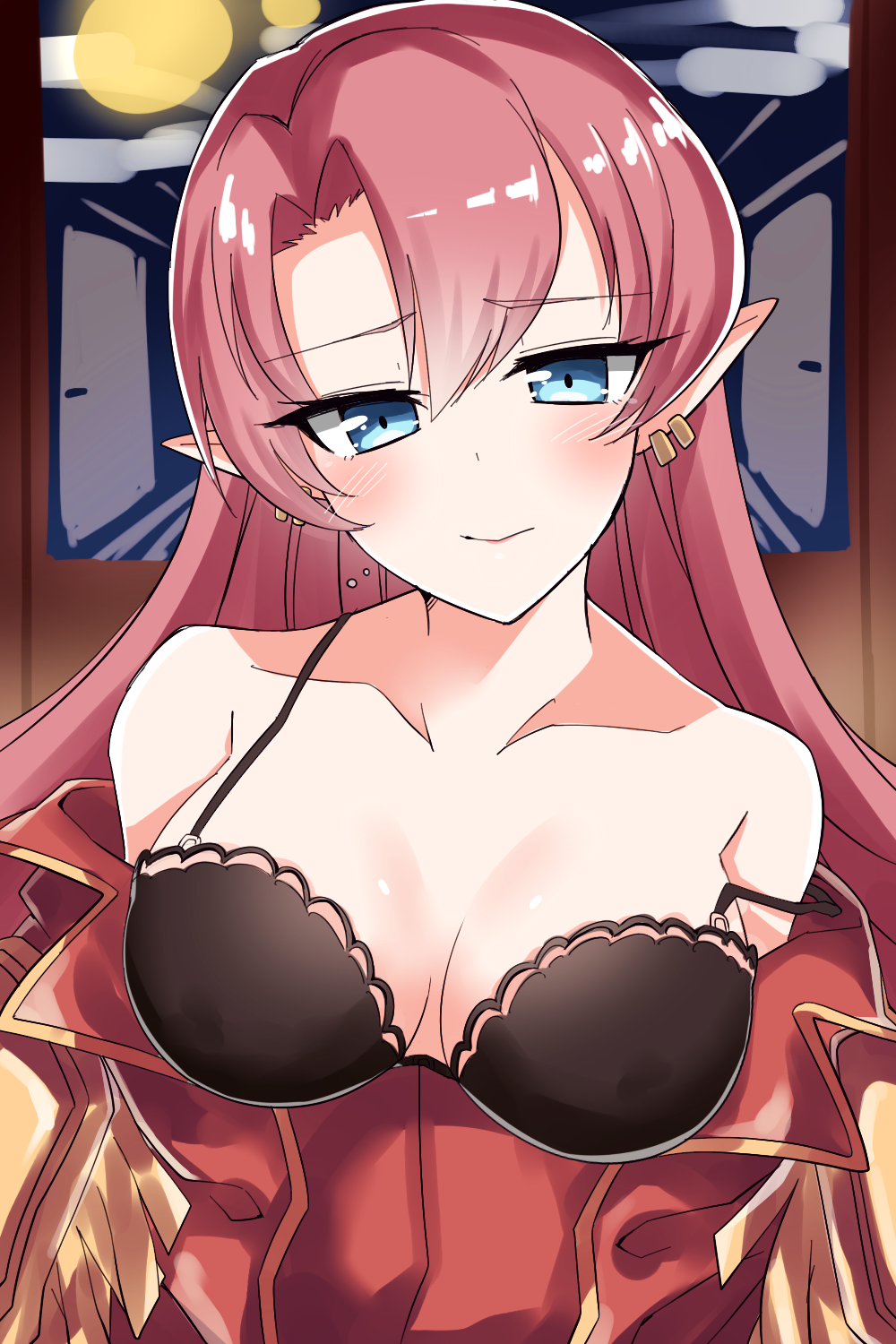 1girl azur_lane bare_shoulders black_bra blue_eyes blurry blurry_background blush bra bra_strap breasts cleavage closed_mouth collarbone duke_of_york_(azur_lane) earrings embarrassed epaulettes eyebrows_visible_through_hair eyelashes hair_between_eyes hair_intakes highres himiya_ramune jewelry large_breasts long_hair looking_at_viewer pink_hair pointy_ears red_shirt shirt solo straight_hair tsurime underwear undressing upper_body