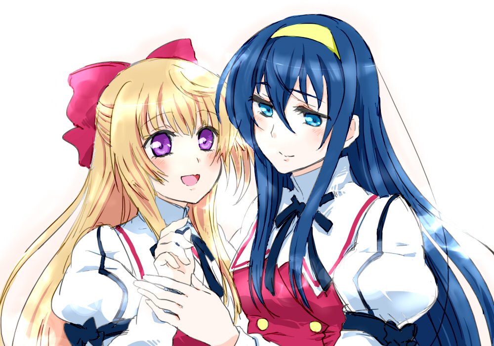 2girls :d black_ribbon blonde_hair blue_eyes blue_hair blush bow closed_mouth hair_between_eyes hair_bow hairband half_updo happy himemiya_chikane kannazuki_no_miko kurusugawa_himeko multiple_girls open_mouth ototachibana_academy_uniform red_bow ribbon school_uniform sidelocks simple_background smile touching violet_eyes yaduki_suika yellow_hairband