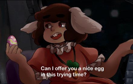 1girl :d animal_ears brown_hair buck_teeth commentary dress easter_egg egg english eyebrows_visible_through_hair frank_reynolds holding inaba_tewi it's_always_sunny_in_philadelphia jewelry kia_(rnarch-hare) lowres meme necklace open_mouth pink_dress rabbit_ears red_eyes sitting smile solo subtitled teeth touhou