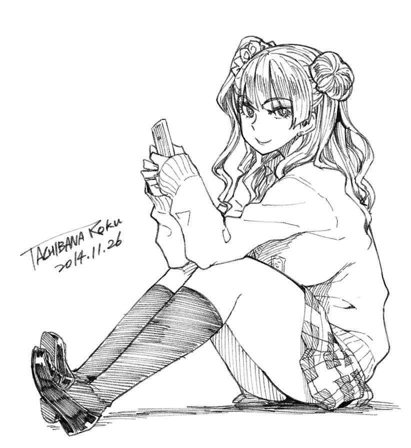 1girl cardigan cellphone closed_mouth dated from_side full_body galko greyscale gyaru hair_bun hair_ornament hair_scrunchie holding holding_phone kogal long_sleeves looking_at_viewer looking_to_the_side miniskirt monochrome one_side_up oshiete!_galko-chan phone pleated_skirt scrunchie shoes signature simple_background skirt smartphone smile socks solo tachibana_roku white_background