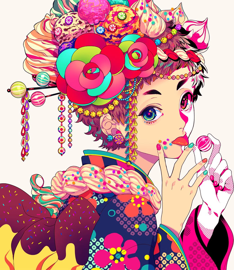 1girl akiakane brown_hair colorful earrings floral_print flower food from_side green_eyes grey_background hair_flower hair_ornament hairpin hands_up ice_cream jewelry long_sleeves looking_at_viewer looking_to_the_side multicolored multicolored_hair multicolored_nail_polish nail_polish obi original psychedelic red_eyes sash simple_background solo tomboy tongue tongue_out