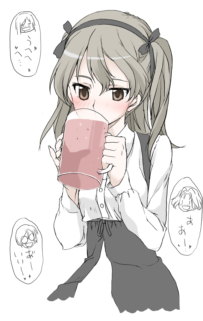 1girl alcohol azumi_(girls_und_panzer) bangs beer beer_mug black_skirt blush brown_eyes casual collared_shirt commentary_request cropped_torso drinking elf_(stroll_in_the_woods) female_pervert girls_und_panzer high-waist_skirt holding light_brown_hair long_hair long_sleeves megumi_(girls_und_panzer) pervert rumi_(girls_und_panzer) saliva shimada_arisu shirt side_ponytail skirt solo_focus suspender_skirt suspenders translation_request upper_body white_shirt