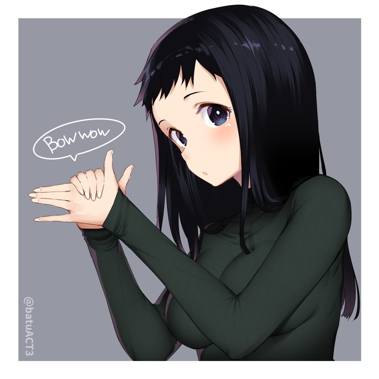 1girl batsu black_eyes black_hair blush breasts commentary_request copyright_request fingernails green_sweater grey_background hands_up highres large_breasts long_sleeves parted_lips shadow_puppet simple_background twitter_username upper_body