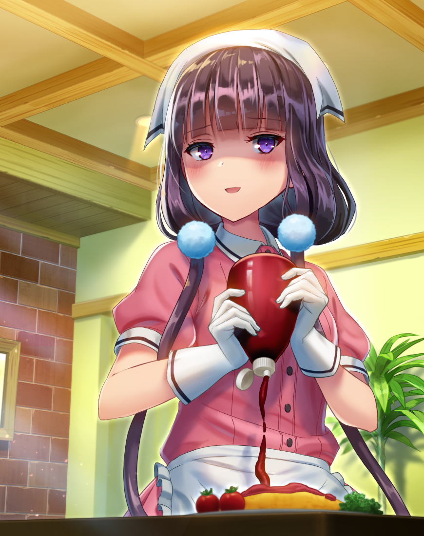1girl :d apron bangs blend_s blunt_bangs blush brick_wall ceiling eyebrows_visible_through_hair food frilled_apron frills gloves hair_bobbles hair_ornament half-closed_eyes head_scarf holding indoors ketchup ketchup_bottle long_hair low_twintails mikomiko_(mikomikosu) open_mouth picture_frame pink_shirt plant potted_plant puffy_short_sleeves puffy_sleeves purple_hair revision sakuranomiya_maika shaded_face shiny shiny_hair shirt short_sleeves smile solo stile_uniform table tomato twintails two-handed upper_body violet_eyes waist_apron waitress white_apron white_gloves