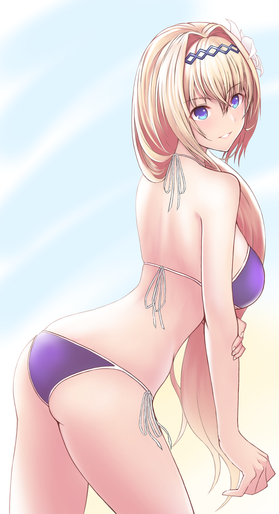 1girl ass back bikini blonde_hair blue_eyes breasts diadem flower granblue_fantasy hair_flower hair_intakes hair_ornament hair_over_shoulder highres jeanne_d'arc_(granblue_fantasy) kirara_(mzk_ya) large_breasts lily_(flower) long_hair looking_to_the_side parted_lips purple_bikini side-tie_bikini skindentation smile solo string_bikini swimsuit thighs very_long_hair white_flower