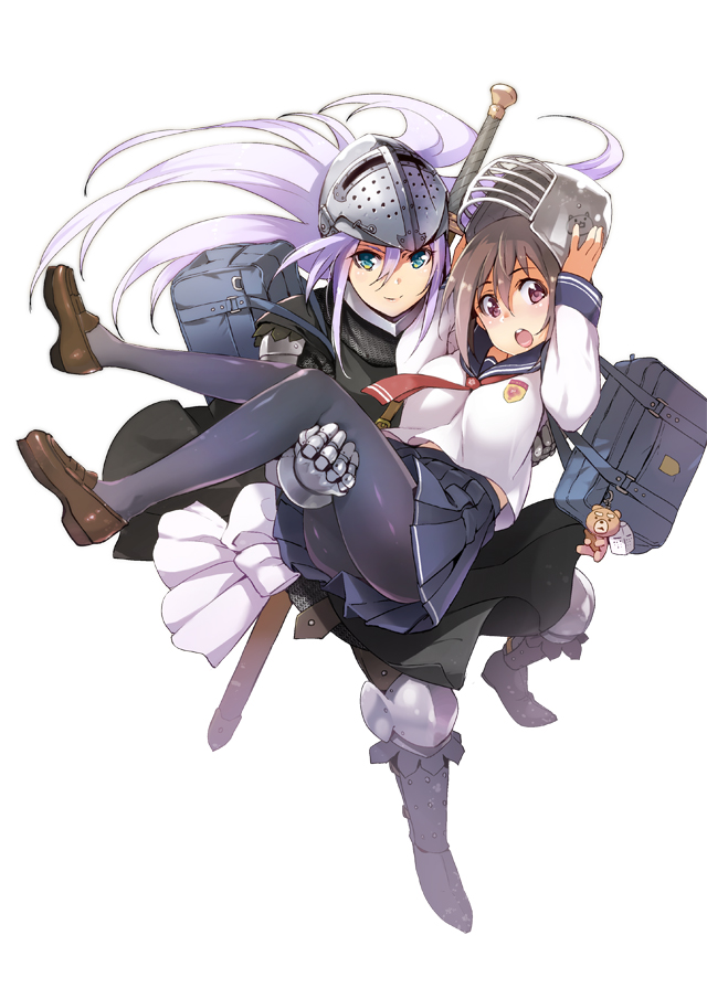 2girls armor ass bag bangs between_breasts black_legwear blue_eyes blue_sailor_collar blue_skirt brown_hair carrying closed_mouth emblem full_body greaves helmet inue_shinsuke kasugai_kanade long_hair long_sleeves miniskirt multiple_girls necktie official_art open_mouth pantyhose pleated_skirt princess_carry red_neckwear sailor_collar school_bag school_uniform serafuku shirt short_hair shoujo_kishidan_x_knight_tale skirt sword tenkawa_shinobu very_long_hair violet_eyes weapon white_hair