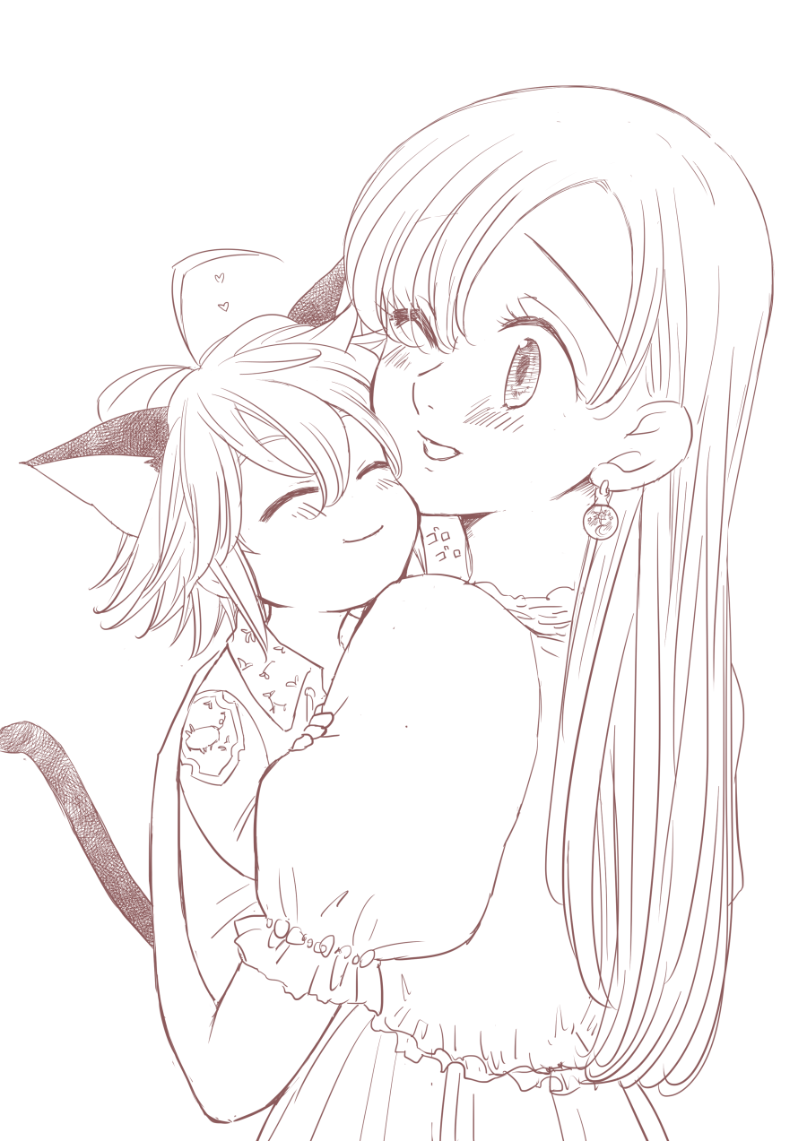 1boy 1girl animal_ears antenna_hair cat_ears cat_tail closed_eyes couple earrings elizabeth_liones eyes_visible_through_hair greyscale hair_over_one_eye harumiya highres jewelry long_hair meliodas monochrome nanatsu_no_taizai one_eye_closed puffy_short_sleeves puffy_sleeves short_sleeves smile tail upper_body