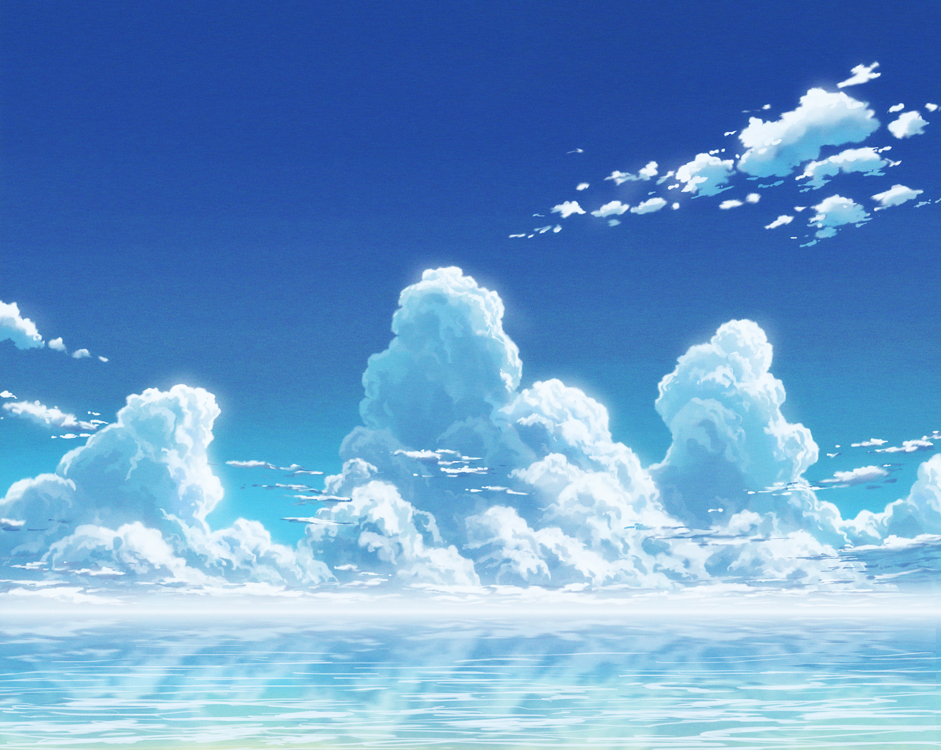 aoha_(twintail) blue_sky clouds commentary_request day horizon no_humans ocean original outdoors reflection scenery sky water_surface