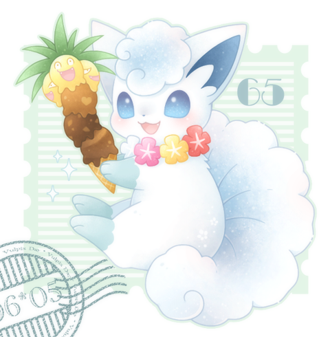 :3 :d alola_form alolan_exeggutor alolan_vulpix blue_eyes blush fang flower flower_necklace food full_body gen_7_pokemon heart holding holding_food ice_cream ice_cream_cone jewelry looking_at_viewer lowres necklace no_humans open_mouth pokemon pokemon_(creature) postmark smile sparkle ten'on_(amane09)