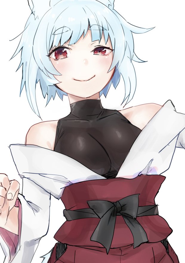 1girl animal_ears blue_hair blush bodysuit character_request copyright_request eyebrows_visible_through_hair konno_shimako looking_back off_shoulder red_eyes short_hair sketch skin_tight smile solo white_background