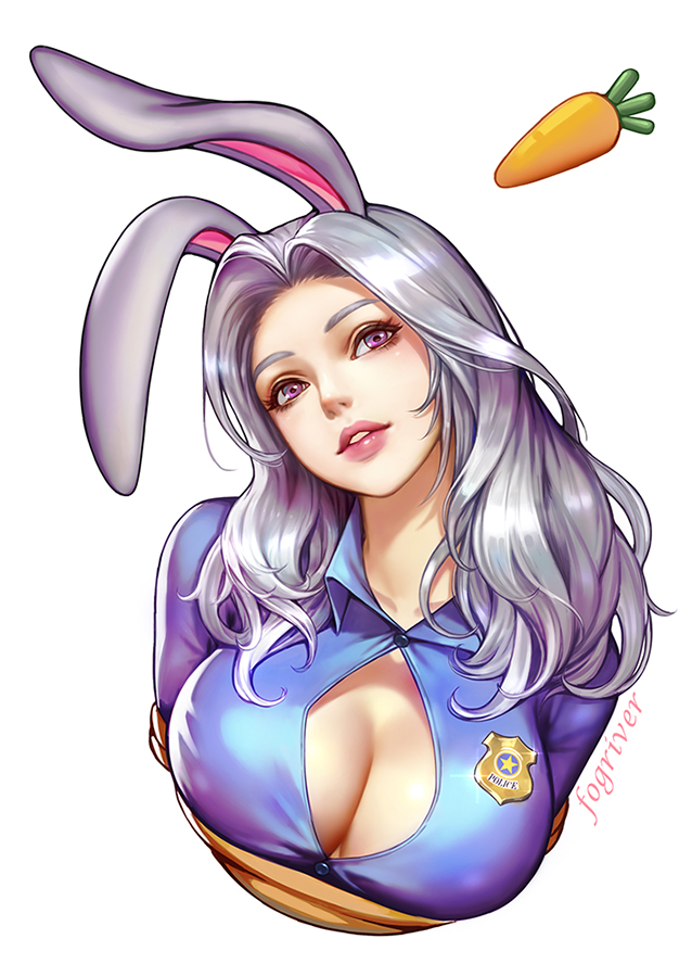 1girl animal_ears artist_name blue_shirt breasts bursting_breasts buttons carrot cleavage collared_shirt fogriver food head_tilt judy_hopps large_breasts long_hair parted_lips personification police police_badge police_uniform policewoman rabbit rabbit_ears shirt silver_hair simple_background smile solo undersized_clothes uniform upper_body vegetable violet_eyes white_background zootopia
