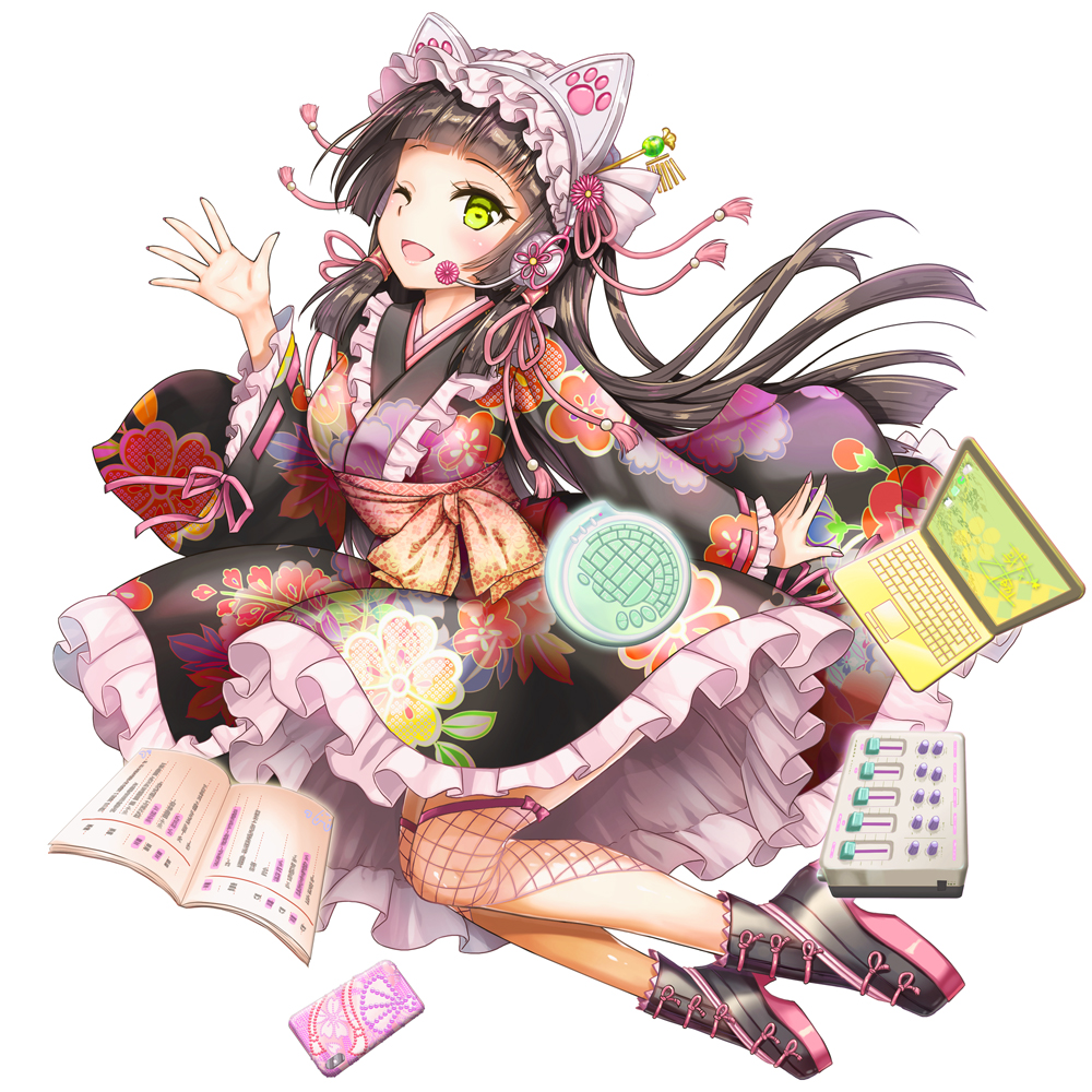 1girl alto_seneka black_hair cellphone computer frills full_body green_eyes hairband japanese_clothes kimono laptop long_hair looking_at_viewer official_art one_eye_closed open_mouth original phone smartphone solo white_background