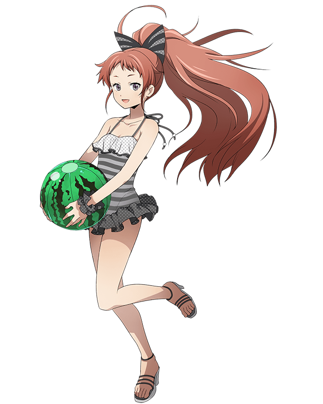 1girl :d black_bow bow breasts brown_eyes brown_hair casual_one-piece_swimsuit cleavage collarbone floating_hair food fruit full_body hair_bow high_heels holding holding_food isami_(log_horizon) log_horizon long_hair looking_at_viewer official_art one-piece_swimsuit one_leg_raised open_mouth polka_dot polka_dot_bow polka_dot_swimsuit small_breasts smile solo standing standing_on_one_leg striped striped_swimsuit swimsuit transparent_background very_long_hair watermelon