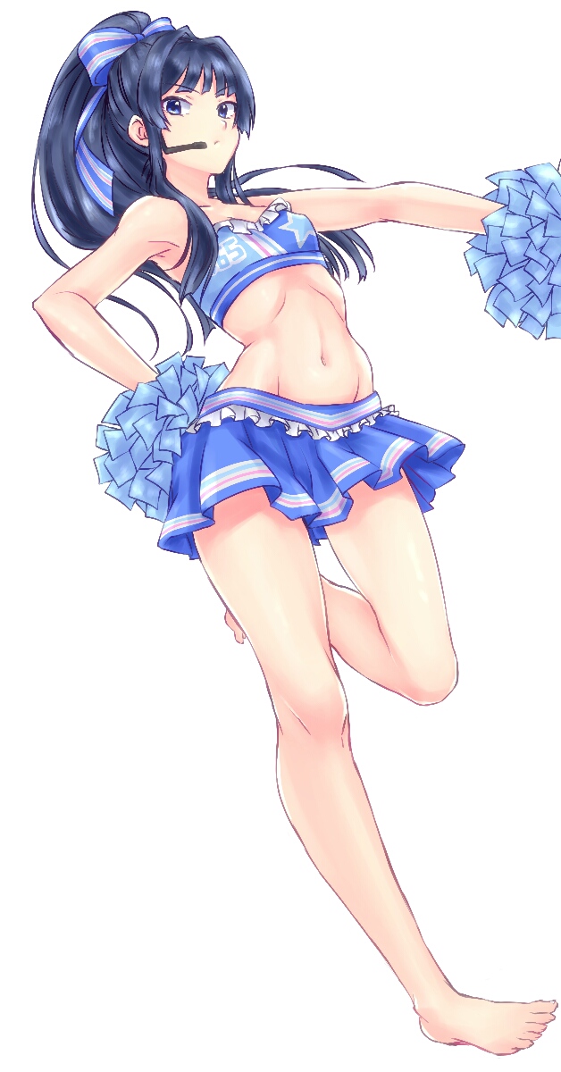 1girl :/ armpits bangs bare_arms bare_legs bare_shoulders barefoot black_hair blue_bow blue_eyes blue_skirt blue_tubetop blunt_bangs bow breasts cheerleader eyebrows_visible_through_hair frilled_skirt frills frown groin hair_bow hair_intakes hand_on_hip highres horizontal_stripes idolmaster idolmaster_million_live! leg_up legs long_hair looking_at_viewer looking_to_the_side microphone miniskirt mogami_shizuka mogemoge00 navel outstretched_arm pleated_skirt pom_poms ponytail sidelocks simple_background skirt small_breasts solo standing standing_on_one_leg star stomach strapless striped striped_bow striped_skirt tubetop vertical_stripes white_background