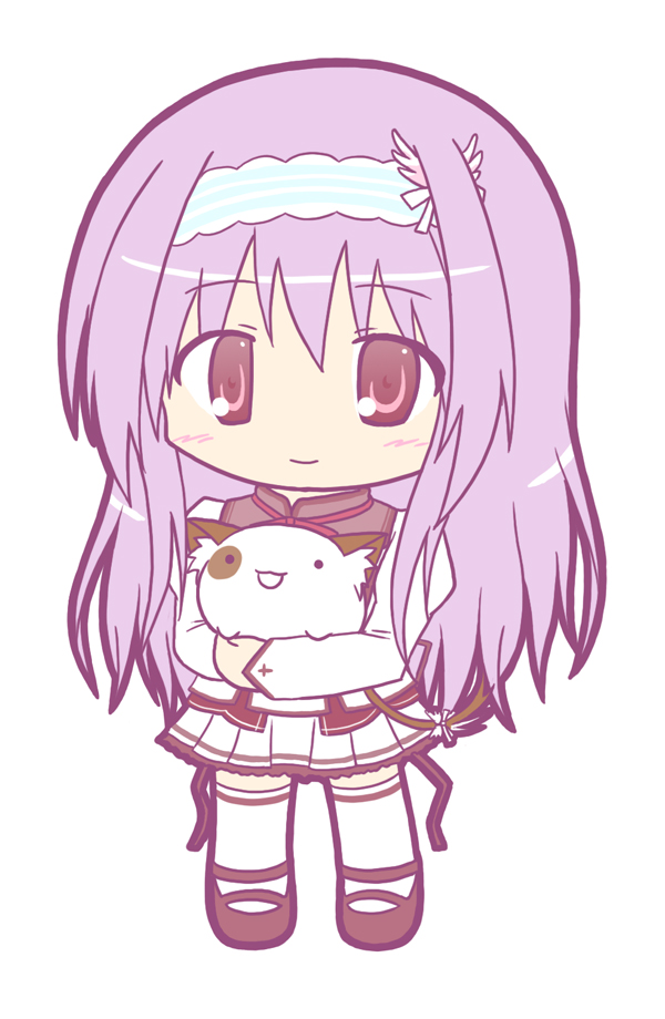 1girl amaha_miu animal animal_hug bangs blush brown_footwear brown_ribbon chibi closed_mouth commentary_request cute eyebrows_visible_through_hair full_body hair_between_eyes juliet_sleeves long_hair long_sleeves looking_at_viewer mashiroiro_symphony moe pleated_skirt puffy_sleeves purple_hair red_eyes ribbon rinechun school_uniform shirt simple_background skirt smile solo standing striped striped_hairband thigh-highs very_long_hair white_background white_legwear white_shirt white_skirt