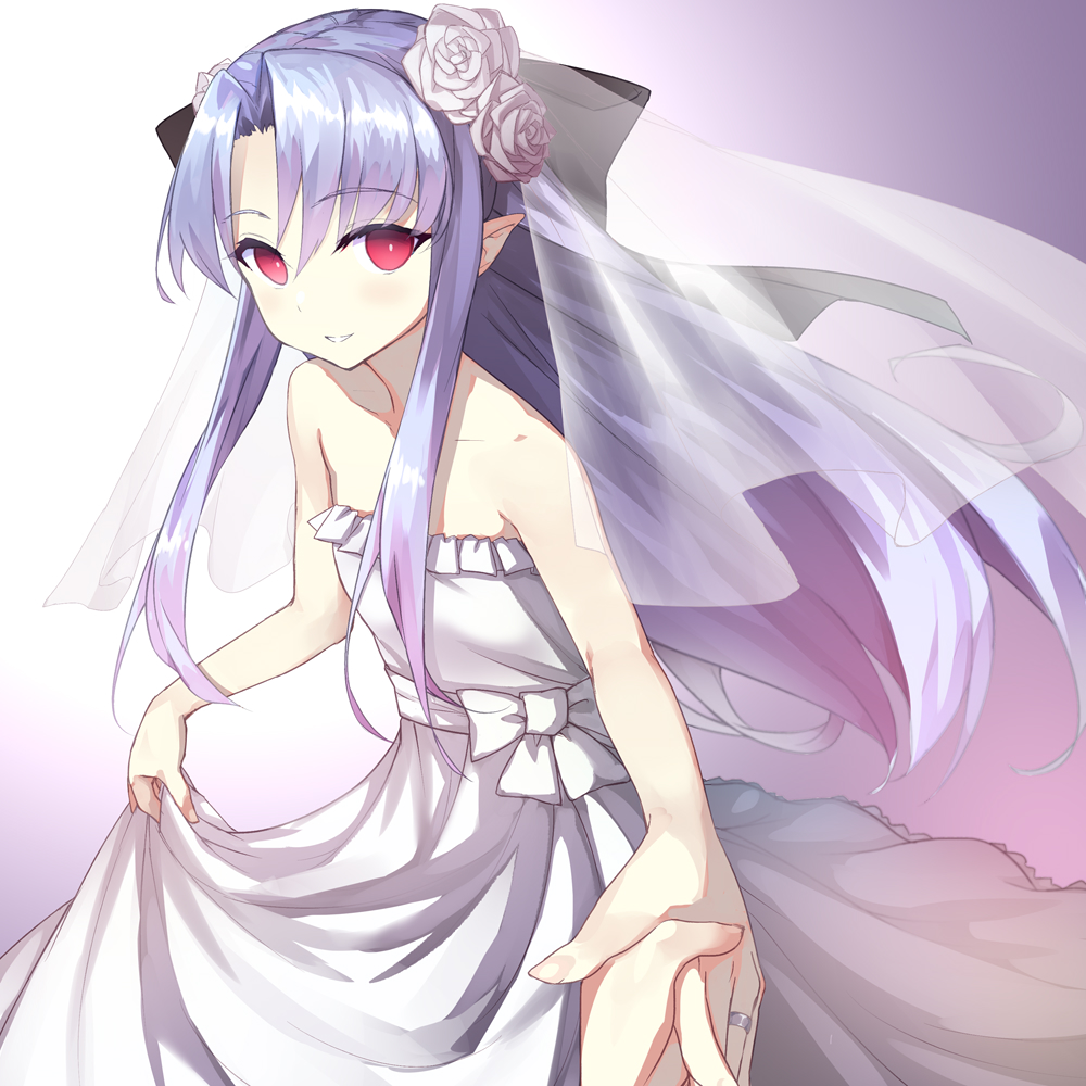 1girl apo_(apos2721) bare_shoulders blue_hair blush bridal_veil bride commentary_request dress dress_lift eyebrows_visible_through_hair flat_chest flower hair_flower hair_ornament hair_ribbon hand_holding jewelry len long_hair looking_at_viewer melty_blood outstretched_hand pointy_ears pov red_eyes ribbon ring sidelocks solo_focus strapless strapless_dress tsukihime veil wedding wedding_band wedding_dress white_dress