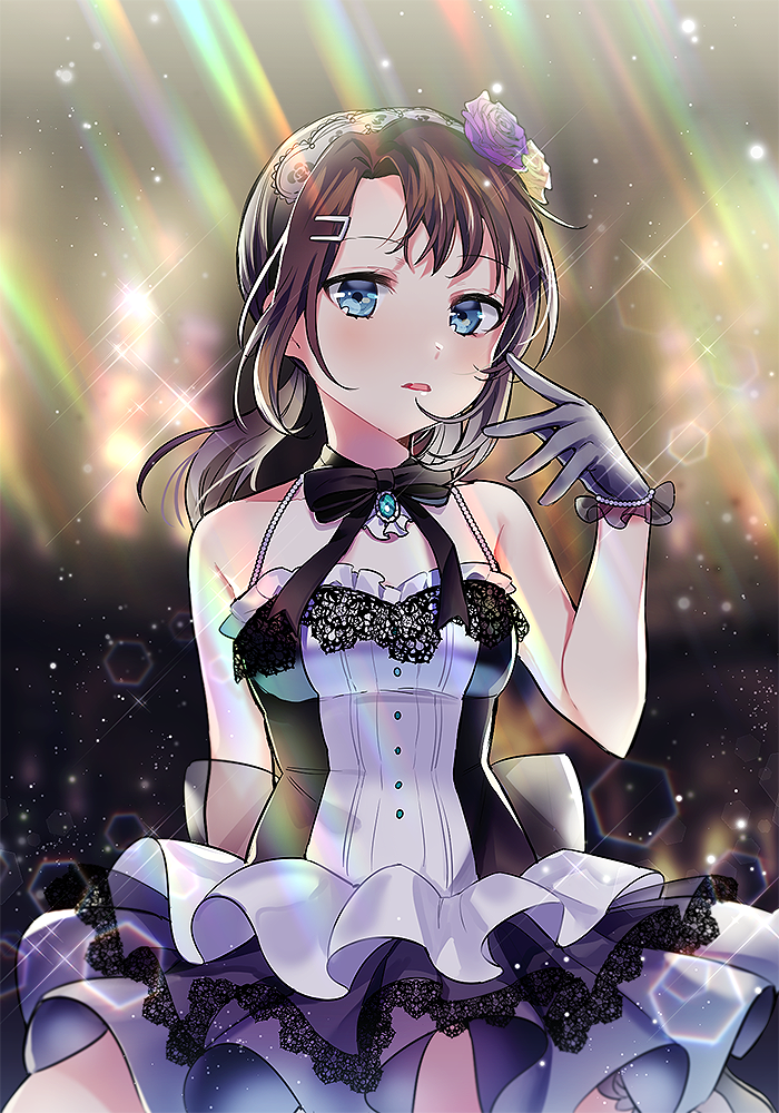 1girl bang_dream! bangs black_bow black_gloves blue_eyes bow breasts brown_hair commentary_request dress eyebrows_visible_through_hair flower gloves hair_flower hair_ornament hairclip hand_up long_hair medium_breasts okusawa_misaki parted_lips purple_flower purple_rose rose sleeveless sleeveless_dress solo tiny_(tini3030) white_dress yellow_flower yellow_rose