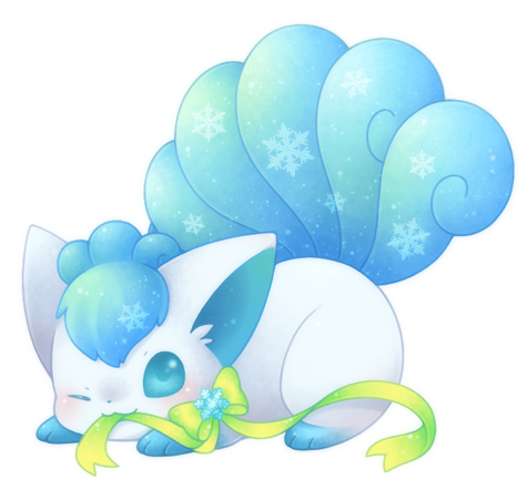 :3 ;3 alola_form alolan_vulpix blue_eyes blush bow full_body gen_7_pokemon green_bow looking_at_viewer lowres lying multiple_tails no_humans on_stomach pokemon pokemon_(creature) simple_background snowflakes tail ten'on_(amane09) white_background