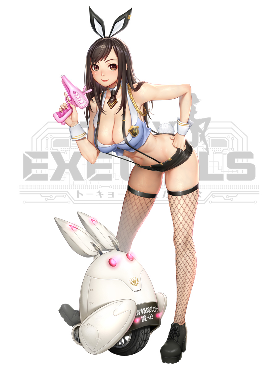 1girl animal_ears bangs bare_shoulders black_footwear black_neckwear breasts brown_eyes brown_hair bunny_tail cleavage cropped_vest detached_collar fake_animal_ears fingernails fishnet_legwear fishnets full_body gun hand_on_hip handgun highres holding holding_weapon large_breasts leaning_forward lips logo looking_at_viewer machine masami_chie midriff navel necktie official_art rabbit_ears shoes shorts simple_background sleeveless smile solo standing suspenders tail tokyo_exe_girls trigger_discipline weapon wheel white_background wrist_cuffs