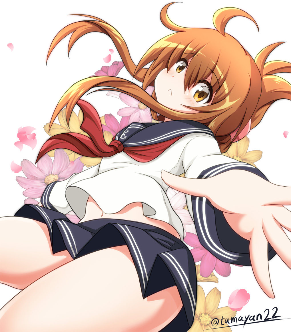 1girl :&lt; ahoge anchor_symbol bare_legs blush brown_eyes brown_hair commentary_request dutch_angle eyebrows_visible_through_hair floral_background folded_ponytail hair_between_eyes hair_ornament hairclip inazuma_(kantai_collection) kantai_collection looking_at_viewer navel neckerchief school_uniform serafuku sidelocks solo tamayan thighs