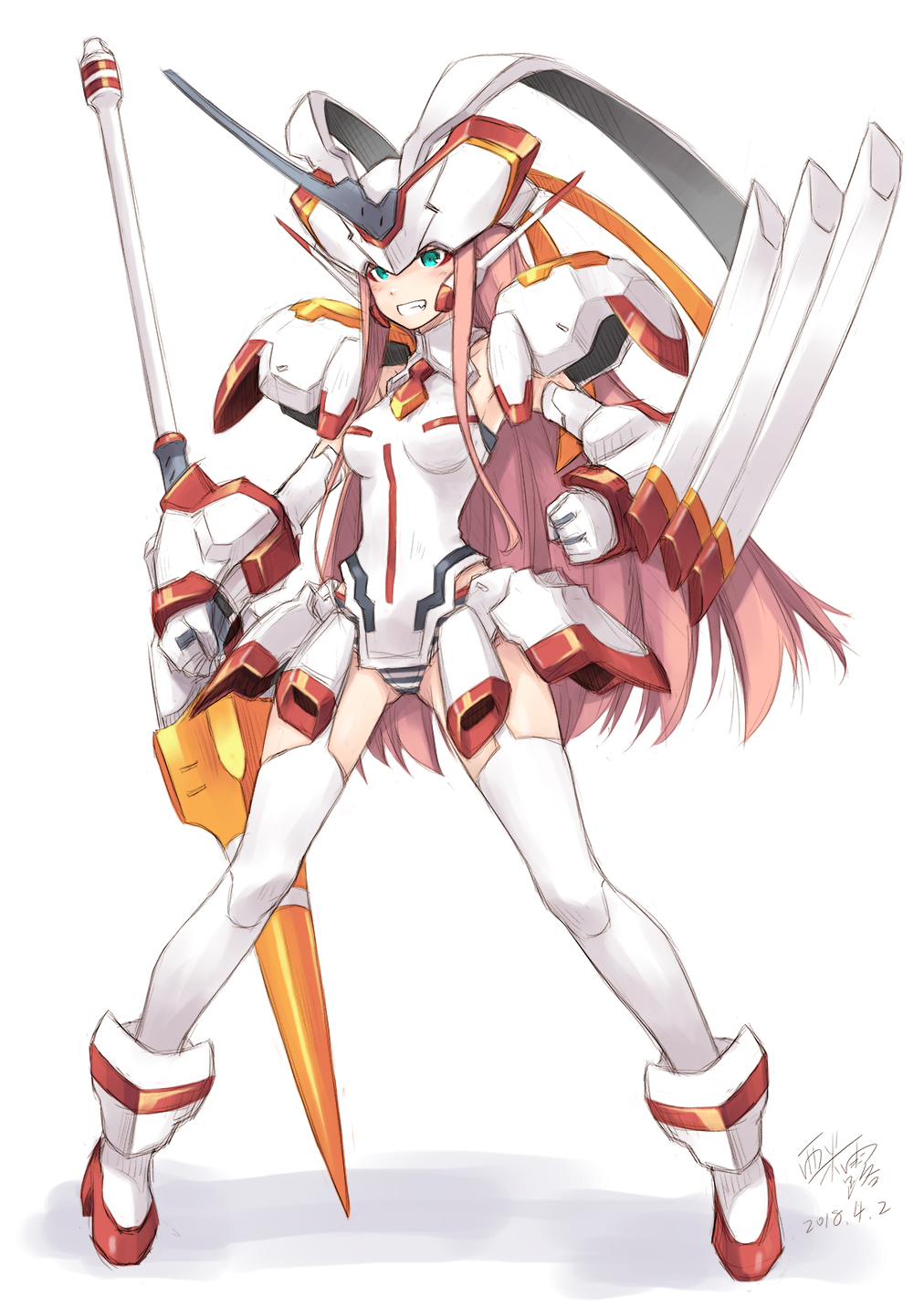 1girl blush breasts commentary_request darling_in_the_franxx dated fighting_stance full_body gloves green_eyes headpiece highres leotard long_hair mecha_musume pink_hair polearm red_footwear signature simelu smile spear strelizia striped_footwear teeth thigh-highs twintails weapon white_background white_legwear zero_two_(darling_in_the_franxx)