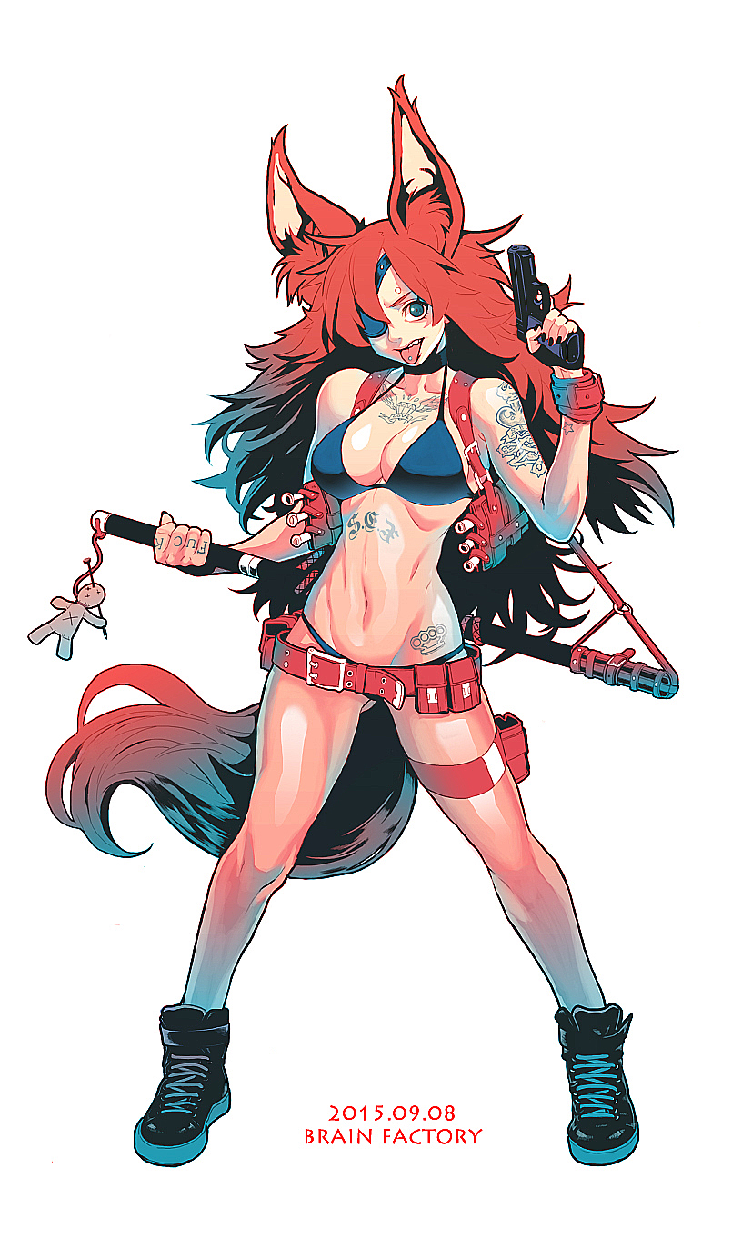 1girl :p abs animal_ears belt bikini black_bikini black_footwear black_nails blue_eyes breasts cleavage dated eyepatch finger_on_trigger gluteal_fold gun handgun highres katana keychain large_breasts long_hair looking_at_viewer nail_polish navel original piercing pistol psychicjin redhead scabbard sheath shoes simple_background sneakers solo swimsuit sword tail tattoo thigh_strap tongue tongue_out tongue_piercing utility_belt voodoo_doll weapon white_background