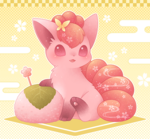 :d blush butterfly_hair_ornament checkered egasumi food full_body gen_1_pokemon hair_ornament halftone halftone_background leaf looking_at_viewer lowres no_humans open_mouth pokemon pokemon_(creature) sitting smile ten'on_(amane09) violet_eyes vulpix