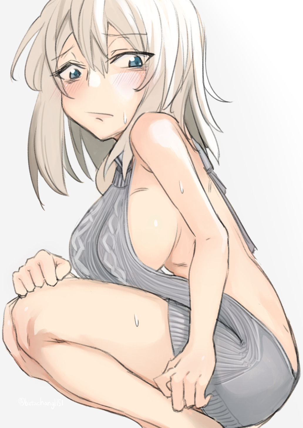 1girl alternate_costume aran_sweater backless_outfit bangs bare_back blue_eyes blush breasts closed_mouth commentary dress eyebrows_visible_through_hair eyes_visible_through_hair from_side frown girls_und_panzer grey_sweater halterneck highres itsumi_erika long_hair looking_at_viewer medium_breasts meme_attire naked_sweater open-back_dress ribbed_sweater saku_(saku1151) sideboob silver_background silver_hair solo squatting sweat sweater sweater_dress turtleneck turtleneck_sweater twitter_username virgin_killer_sweater