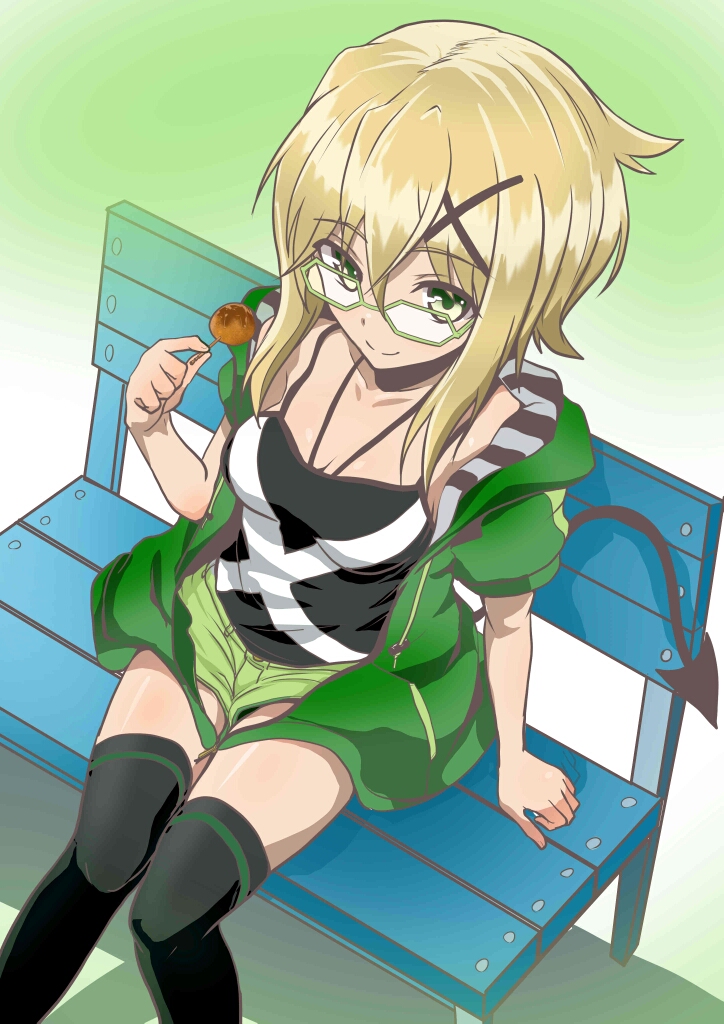 1girl akatsuki_kirika bench bespectacled black_legwear breasts cleavage demon_tail food from_above glasses green-framed_eyewear green_background green_hoodie green_shorts hair_ornament jewelry looking_at_viewer medium_breasts necklace robisonjr senki_zesshou_symphogear short_hair short_hair_with_long_locks short_shorts shorts sitting smile solo tail takoyaki thigh-highs x_hair_ornament