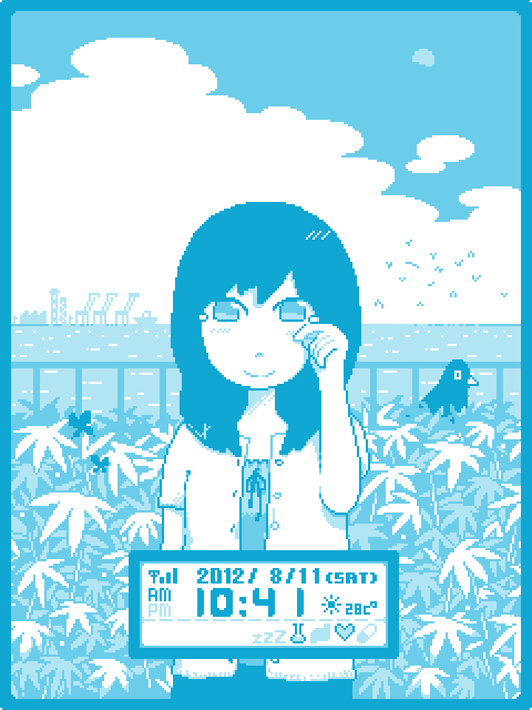 1girl animated animated_gif bird blue blush closed_mouth clouds crane dated day horizon long_hair looking_at_viewer monochrome ocean open_clothes open_shirt original outdoors pixel_art scenery short_hair sky smile solo standing tears temperature time toyoi_yuuta water