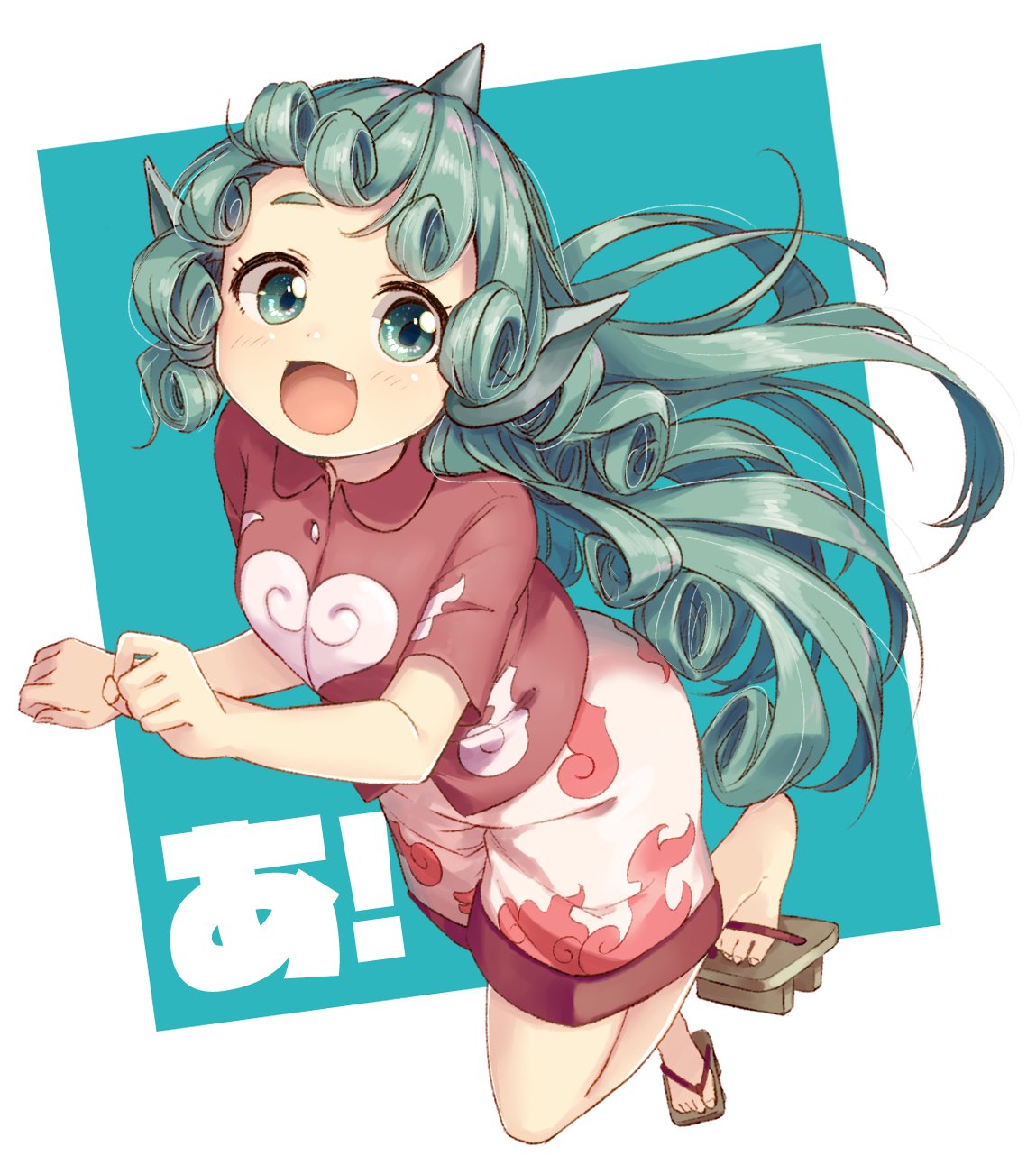 1girl :d a bare_legs bent_elbow bent_knee blue_background breasts collared_shirt commentary curly_hair ears fang full_body geta green_eyes green_hair highres horn kariyushi_shirt komano_aun ksk_(semicha_keisuke) long_hair looking_at_viewer medium_breasts one_leg_raised open_mouth paw_pose red_shirt shirt short_sleeves shorts smile solo standing standing_on_one_leg tareme thick_eyebrows touhou two-tone_background white_background white_shorts