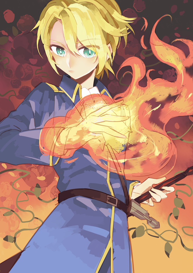 1boy ascot belt blonde_hair blue_coat burning_hand character_request closed_mouth copyright_request fire flame gradient gradient_background green_eyes hand_on_hilt hand_up kazuya_(743167) looking_at_viewer magic military military_uniform orange_background plant sheath sheathed solo sword uniform vines weapon