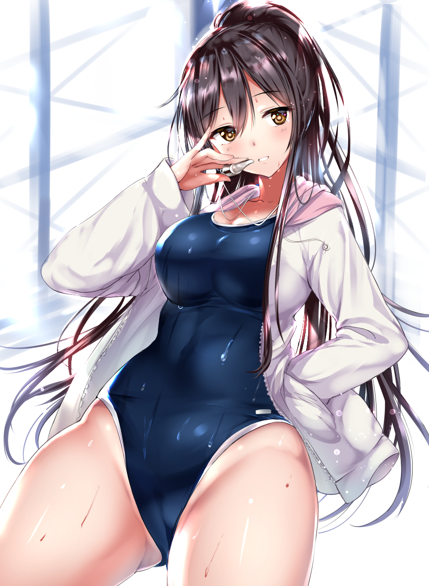 1girl black_hair blue_swimsuit blush breasts brown_eyes commentary_request contrapposto cowboy_shot eyebrows_visible_through_hair gorua_(youce01) hand_in_pocket hand_on_hip holding_whistle idolmaster idolmaster_shiny_colors jacket large_breasts long_hair long_sleeves looking_at_viewer new_school_swimsuit one-piece_swimsuit open_clothes open_jacket parted_lips ponytail revision school_swimsuit shirase_sakuya solo standing swimsuit swimsuit_under_clothes very_long_hair wet whistle white_jacket