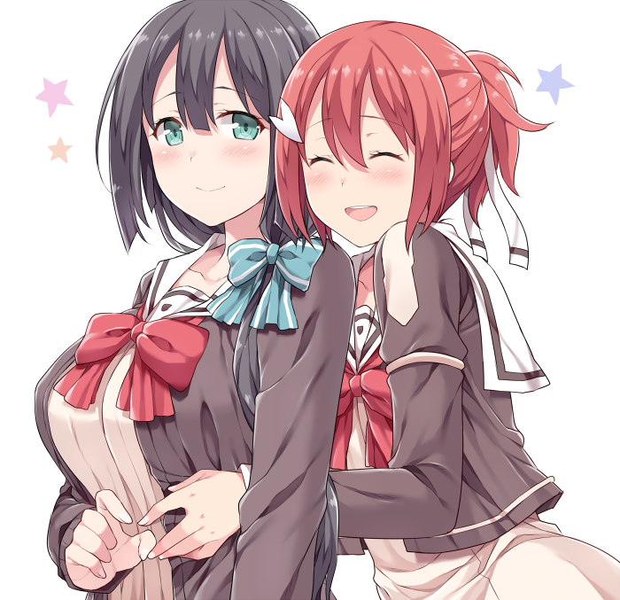 2girls :d ^_^ bow breasts closed_eyes commentary_request green_eyes hair_between_eyes hair_bow hair_over_shoulder hair_ribbon hasu_(hk_works) hug hug_from_behind large_breasts long_hair low_ponytail multiple_girls open_mouth red_bow redhead ribbon school_uniform simple_background smile tougou_mimori upper_body white_background yuri yuuki_yuuna yuuki_yuuna_wa_yuusha_de_aru yuusha_de_aru