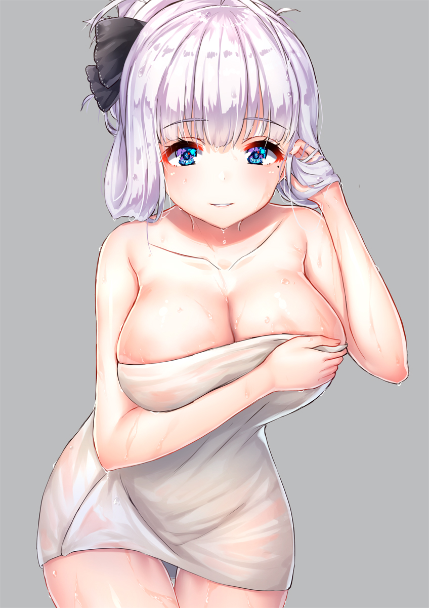 1girl alternate_hairstyle azur_lane bangs bare_arms bare_shoulders black_ribbon blue_eyes blunt_bangs blush breast_hold breasts cleavage collarbone cowboy_shot eyebrows_visible_through_hair hair_ribbon hand_in_hair hand_up highres illustrious_(azur_lane) large_breasts leaning_forward mole mole_under_eye naked_towel parted_lips pensuke ribbon shiny shiny_hair shiny_skin silver_hair solo standing tareme thigh_gap towel water water_drop wet wet_hair wet_towel