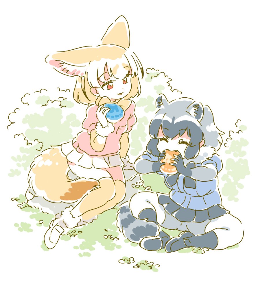 2girls :3 animal_ears black_skirt blonde_hair blue_shirt closed_eyes commentary_request eyebrows_visible_through_hair fang fennec_(kemono_friends) food fox_ears fox_tail fur_trim gloves grey_footwear grey_hair grey_legwear happy holding japari_bun japari_symbol kemono_friends looking_at_another mitsumoto_jouji multicolored_hair multiple_girls otter_ears otter_tail parted_lips pink_shirt pleated_skirt red_eyes shirt shoes short_hair short_sleeves sitting skirt small-clawed_otter_(kemono_friends) smile socks tail thigh-highs white_footwear white_skirt yellow_legwear