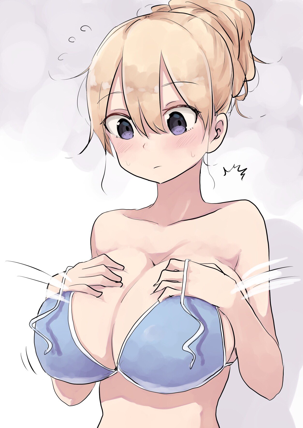 /\/\/\ 1girl bikini blonde_hair blue_bikini blush breasts closed_mouth commentary_request flying_sweatdrops hair_between_eyes highres huge_breasts kinpatsu-chan_(rucchiifu) original ponytail rucchiifu solo swimsuit untied untied_bikini upper_body violet_eyes wardrobe_malfunction