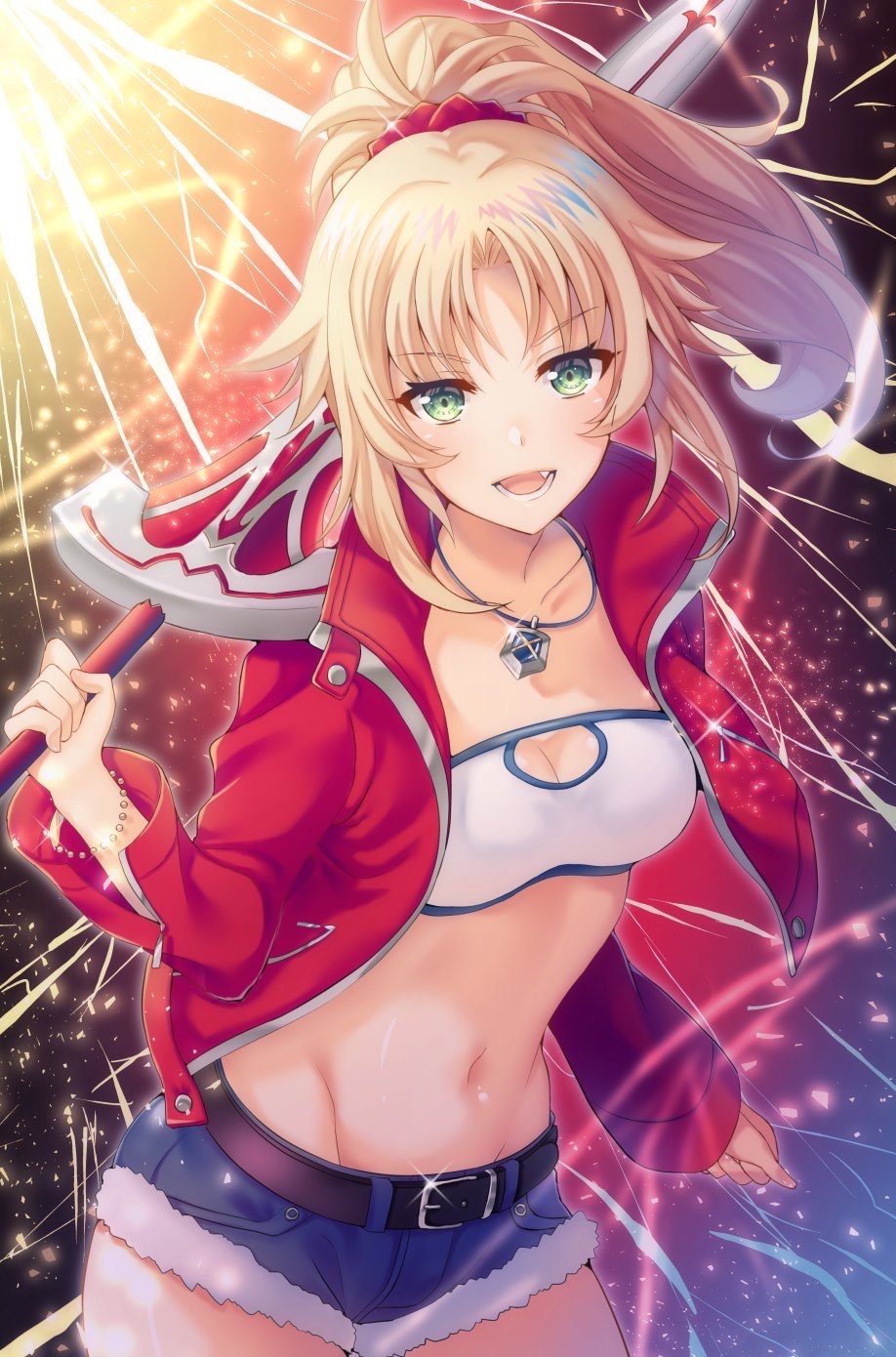 1girl :d bandeau bangs belt_buckle black_belt blonde_hair blue_shorts blush breasts buckle clarent cleavage collarbone commentary_request cutoffs denim denim_shorts eyebrows_visible_through_hair fate/grand_order fate_(series) green_eyes groin highres holding holding_sword holding_weapon ichigo_seika jacket jewelry long_hair looking_at_viewer mordred_(fate) mordred_(fate)_(all) navel open_clothes open_jacket open_mouth pendant ponytail red_jacket short_shorts shorts sidelocks smile solo sword v-shaped_eyebrows weapon white_bandeau