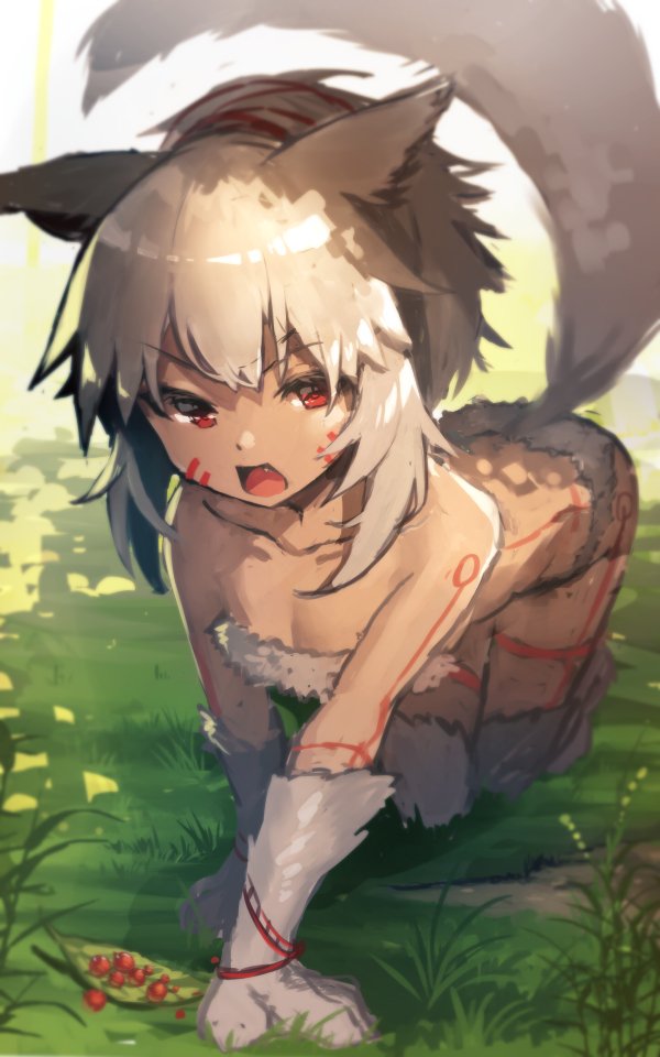 1girl all_fours animal_ears bangs bare_shoulders breasts collarbone day eyebrows_visible_through_hair facial_mark fang fox_ears fox_girl fox_tail fur fur_gloves grass hair_between_eyes looking_at_viewer on_grass open_mouth original outdoors red_eyes silver_hair sketch small_breasts solo tail yuuji_(yukimimi)