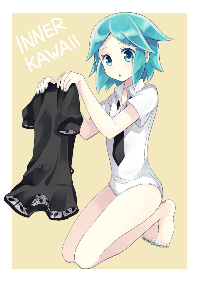 :o androgynous bangs bare_legs barefoot black_neckwear blue_eyes blue_hair brown_background clothes_removed collarbone eyebrows_visible_through_hair fingernails full_body gem_uniform_(houseki_no_kuni) green_nails holding_clothes houseki_no_kuni kneeling looking_at_viewer mizuhotsuki nail_polish necktie parted_lips phosphophyllite puffy_short_sleeves puffy_sleeves short_sleeves simple_background tareme toenail_polish toenails uniform