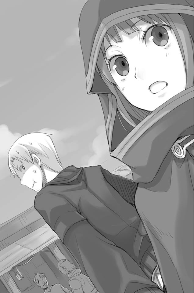 :t ayakura_juu cape craft_lawrence dutch_angle eyebrows_visible_through_hair from_below holo hood hooded looking_back novel_illustration official_art open_mouth outdoors spice_and_wolf sweat