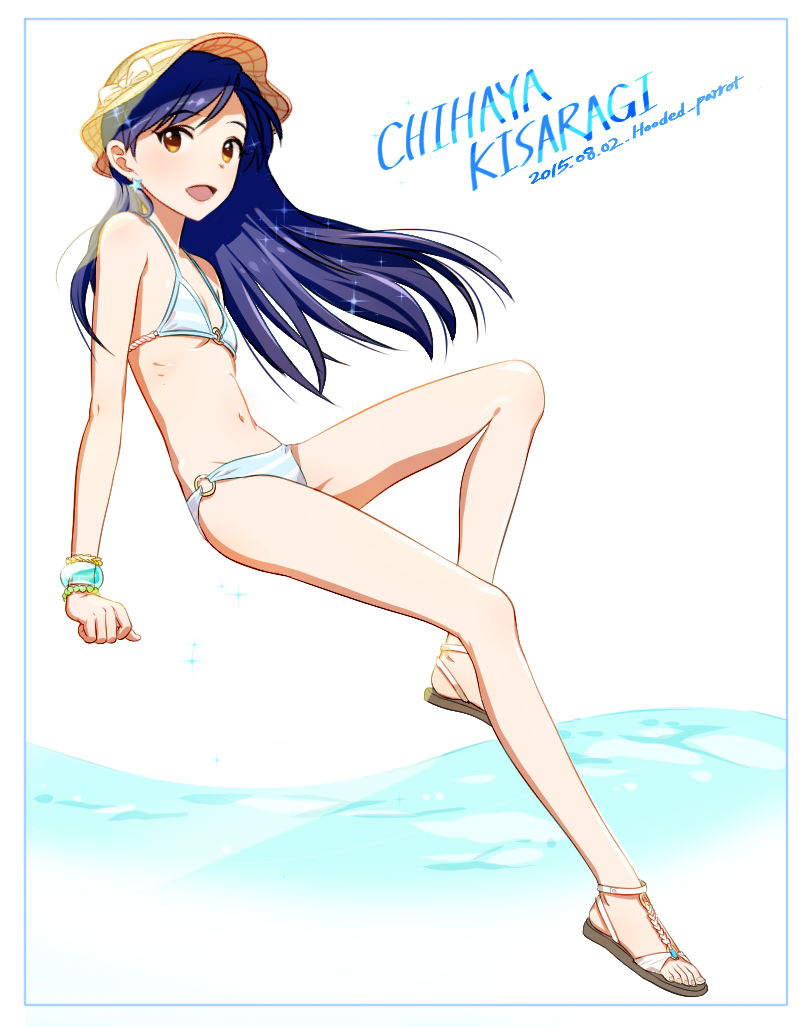 1girl :d artist_name bare_arms bare_legs bare_shoulders bikini blue_border blue_hair border bracelet brown_eyes character_name collarbone dated earrings eyebrows_visible_through_hair flat_chest full_body h_p hat idolmaster invisible_chair jewelry kisaragi_chihaya knee_up long_hair looking_at_viewer looking_to_the_side navel o-ring_bottom open_mouth sandals shiny shiny_hair simple_background sitting smile solo sparkle starfish_earrings stomach striped striped_bikini sun_hat swimsuit toes water white_background white_footwear yellow_hat
