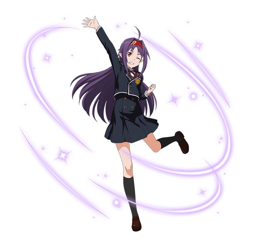 1girl ;d ahoge arm_up black_jacket black_legwear black_skirt brown_footwear clenched_hand floating_hair grin headband high-waist_skirt jacket kneehighs long_hair neck_ribbon one_eye_closed one_leg_raised open_mouth pleated_skirt pointy_ears purple_hair red_eyes red_ribbon ribbon school_uniform shirt shoes simple_background skirt smile solo standing standing_on_one_leg sword_art_online uniform very_long_hair white_background white_shirt yuuki_(sao)