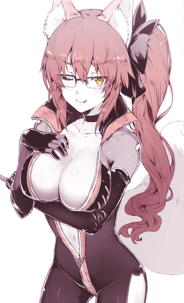 1girl ;p animal_ears bangs biker_clothes bikesuit black_gloves bow breasts choker cleavage collarbone cowboy_shot elbow_gloves eyebrows_visible_through_hair fate_(series) fox_ears fox_tail glasses gloves hair_bow hand_on_own_chest large_breasts long_hair looking_at_viewer one_eye_closed pink_hair side_ponytail solo sumisu_(mondo) tail tamamo_(fate)_(all) tamamo_no_mae_(fate) tongue tongue_out unzipped wavy_hair yellow_eyes zipper