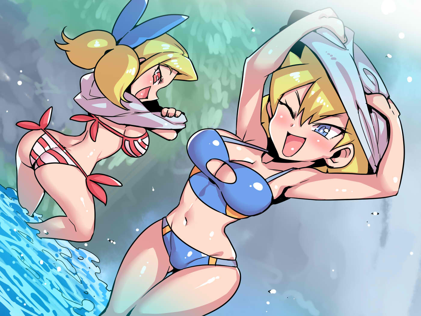 2girls ;d arms_up ass bikini blonde_hair blue_eyes blush breasts cleavage commentary_request multiple_girls navel one_eye_closed open_mouth partially_submerged red_eyes shantae_(series) shantae_and_the_pirate's_curse shirt_lift smile striped striped_bikini swimsuit tsuki_wani twitch_(shantae) undressing vinegar_(shantae) water