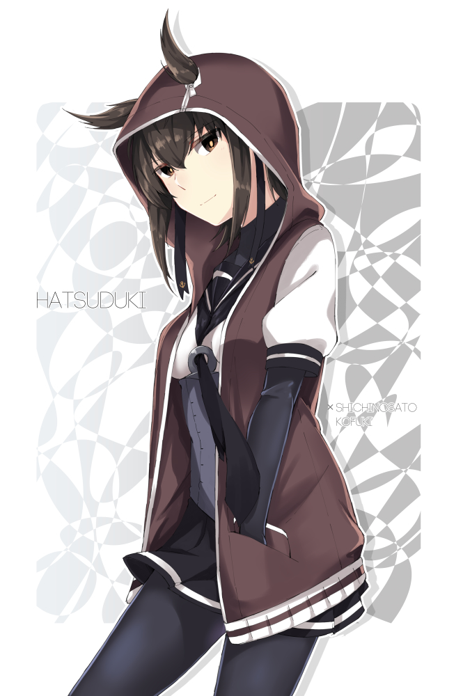 1girl bangs black_bodysuit black_legwear black_neckwear black_sailor_collar black_skirt bodysuit brown_eyes brown_hair brown_jacket character_name corset cowboy_shot hair_between_eyes hair_flaps hair_through_hood hand_in_pocket hatsuzuki_(kantai_collection) hood hood_up hooded_jacket jacket jouhou kantai_collection looking_at_viewer miniskirt neckerchief outline pantyhose pleated_skirt sailor_collar short_sleeves skirt solo white_outline