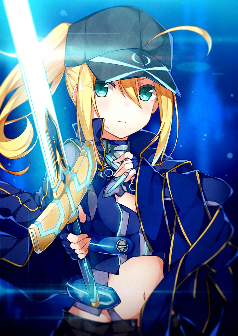 1girl artoria_pendragon_(all) bangs baseball_cap black_hat black_shorts blue_eyes blue_jacket blue_shirt closed_mouth commentary_request eyebrows_visible_through_hair fate/extella fate/extra fate/grand_order fate_(series) fingerless_gloves gloves glowing glowing_sword glowing_weapon hair_between_eyes hair_through_headwear hat highres holding holding_sword holding_weapon jacket jacket_on_shoulders long_hair long_sleeves mysterious_heroine_x navel ponytail rojiura_satsuki:_chapter_heroine_sanctuary shirt shorts sidelocks solo sword taiyaki_(astre) track_jacket weapon