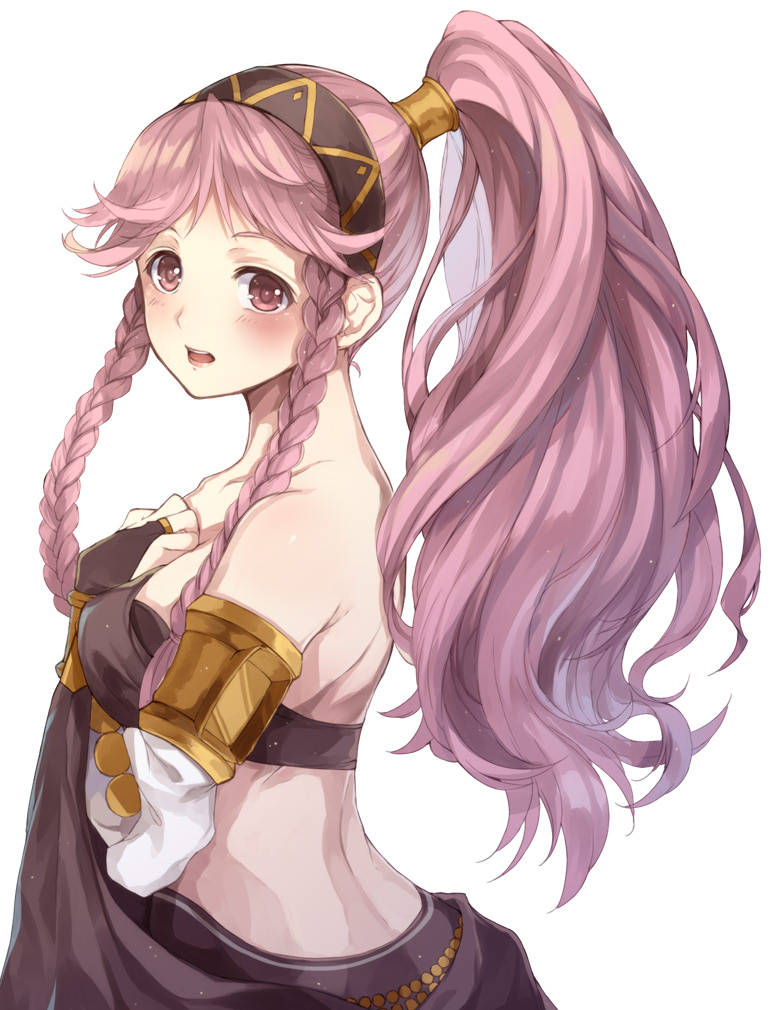 1girl armlet bare_shoulders blush braid breasts commentary fire_emblem fire_emblem:_kakusei gloves hairband hands_on_own_chest jurge long_hair looking_at_viewer medium_breasts midriff olivia_(fire_emblem) open_mouth pink_eyes pink_hair ponytail solo twin_braids