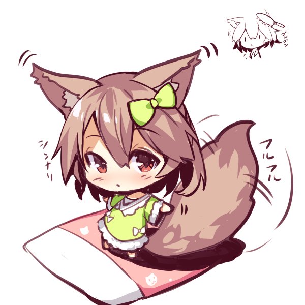 1girl animal_ears barefoot brown_hair chibi clenched_hand dress fox_ears fox_girl fox_tail futon green_dress hair_brush hair_brushing long_sleeves original outstretched_arms red_eyes standing tail tail_wagging translation_request white_background wide_sleeves yuuji_(yukimimi) |_|