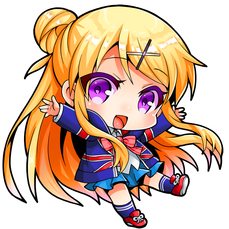 1girl :d arms_up bangs blonde_hair blue_jacket blue_legwear blue_skirt blush bow bowtie chibi collared_shirt full_body hair_bun hair_ornament jacket kin-iro_mosaic kujou_karen long_hair looking_at_viewer makokb miniskirt no_nose open_clothes open_jacket open_mouth outstretched_arms pink_bow pink_neckwear pleated_skirt red_footwear shirt shoelaces shoes simple_background skirt smile sneakers socks solo straight_hair swept_bangs tongue union_jack violet_eyes white_background white_shirt x_hair_ornament